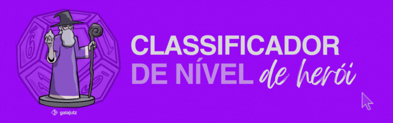 Banner com a ilustração de um mago e um d12 com o texto Classificador de Nível de Herói